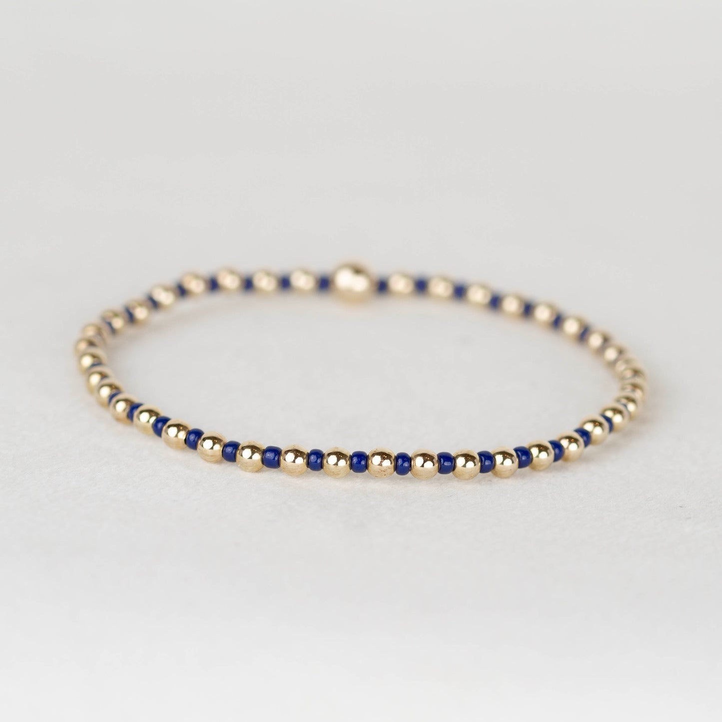 Dark navy blue Luna half seed bead half 14k gold filled or sterling silver beaded stretch bracelet 