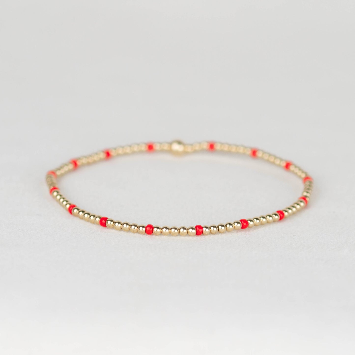 Bright red Chloe seed bead and 14k gold filled or sterling silver beaded stretch bracelet 