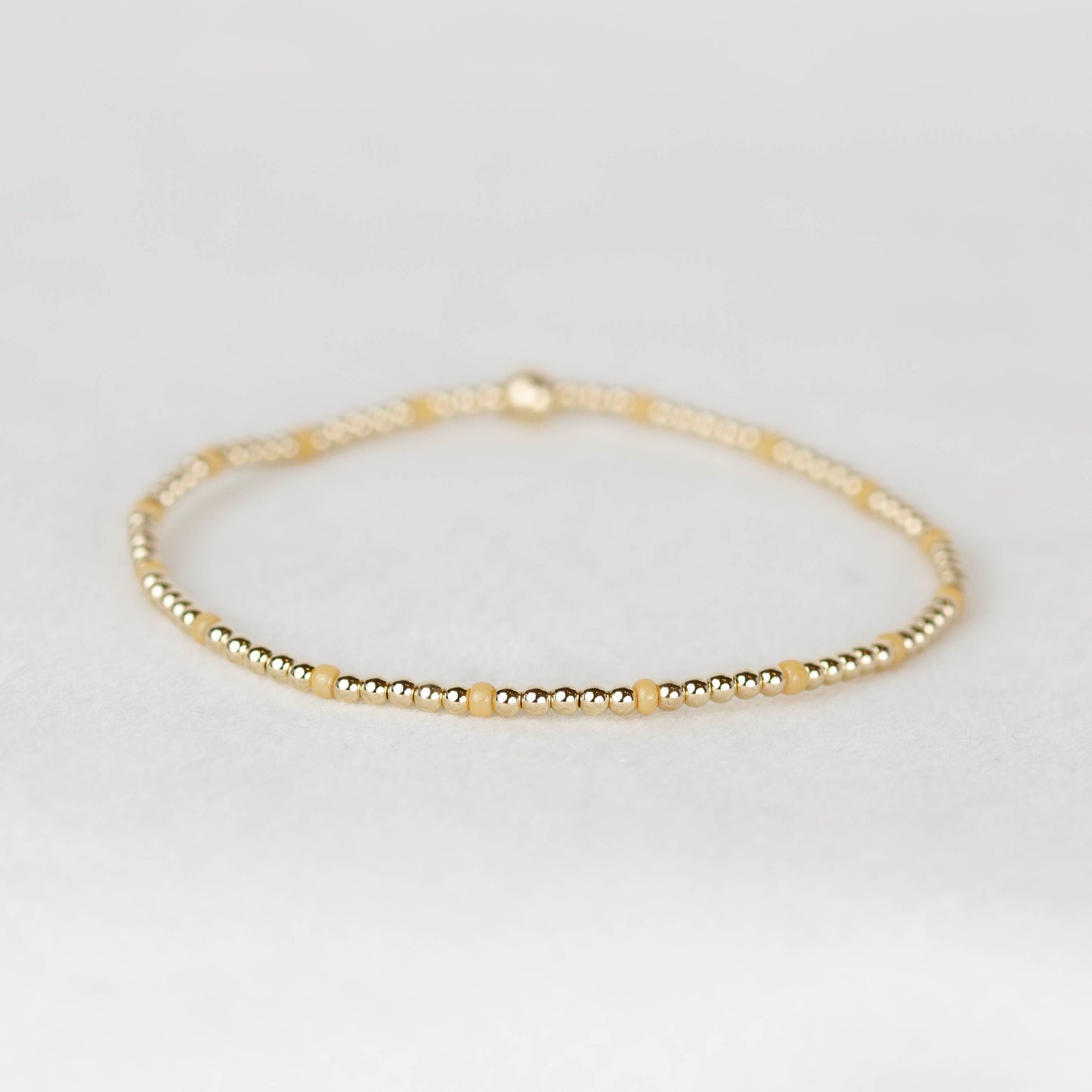 Golden yellow tan Chloe seed bead and 14k gold filled or sterling silver beaded stretch bracelet 