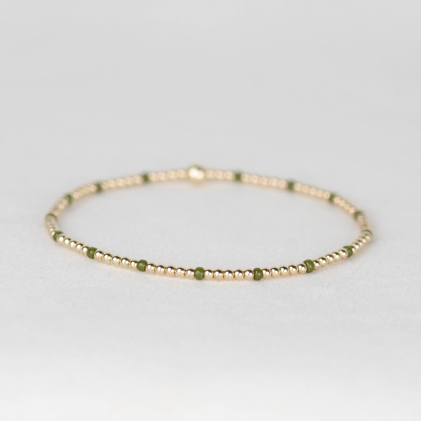 Moss dark army green Chloe seed bead and 14k gold filled or sterling silver beaded stretch bracelet 