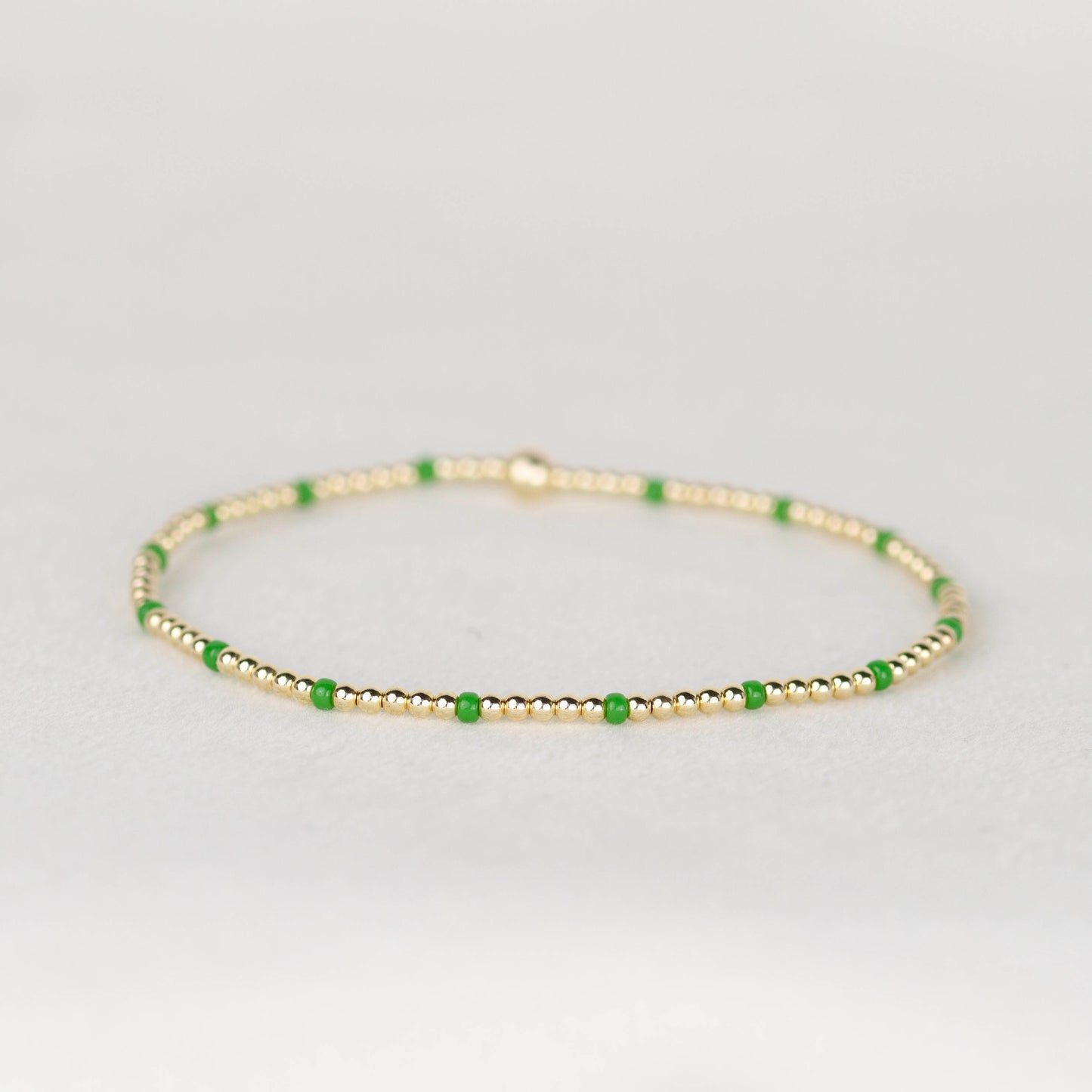 green Chloe seed bead and 14k gold filled or sterling silver beaded stretch bracelet 