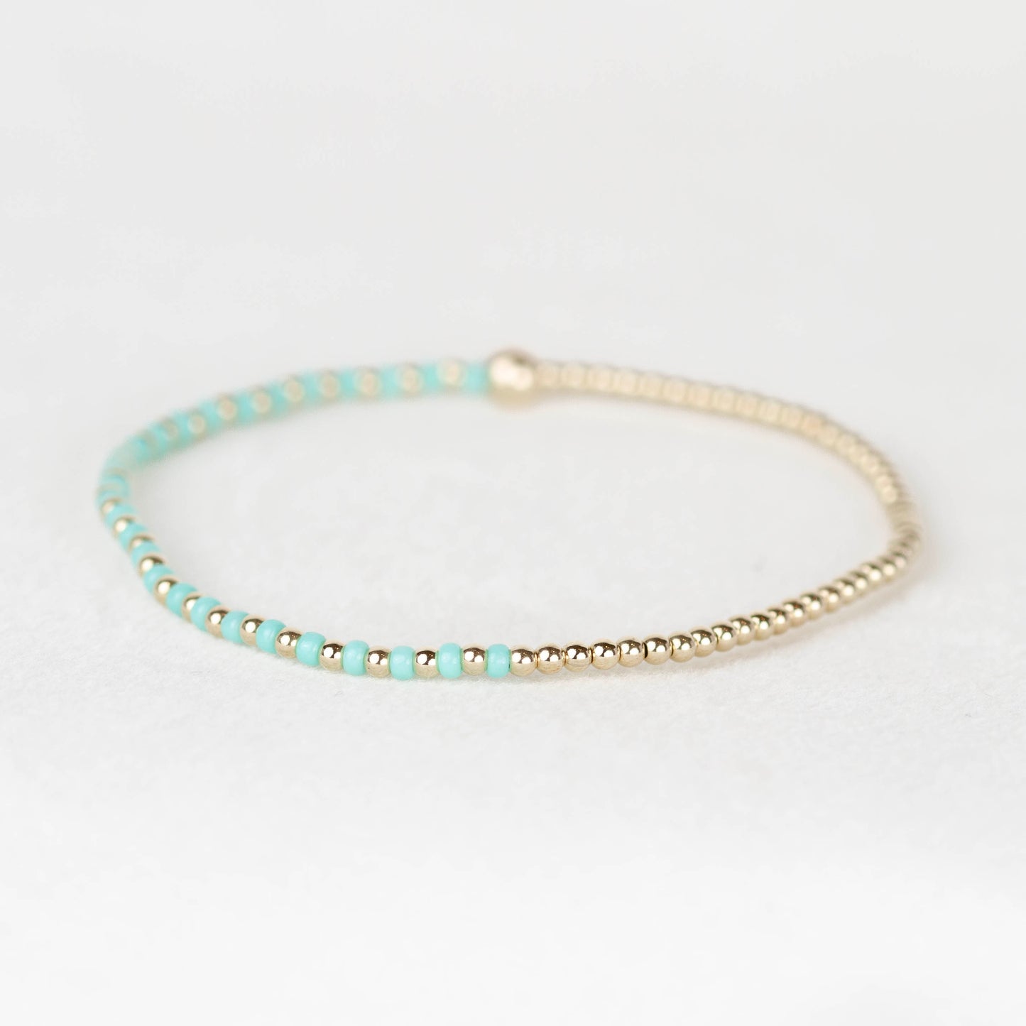 Aqua turquoise blue green Luna half seed bead half 14k gold filled or sterling silver beaded stretch bracelet 