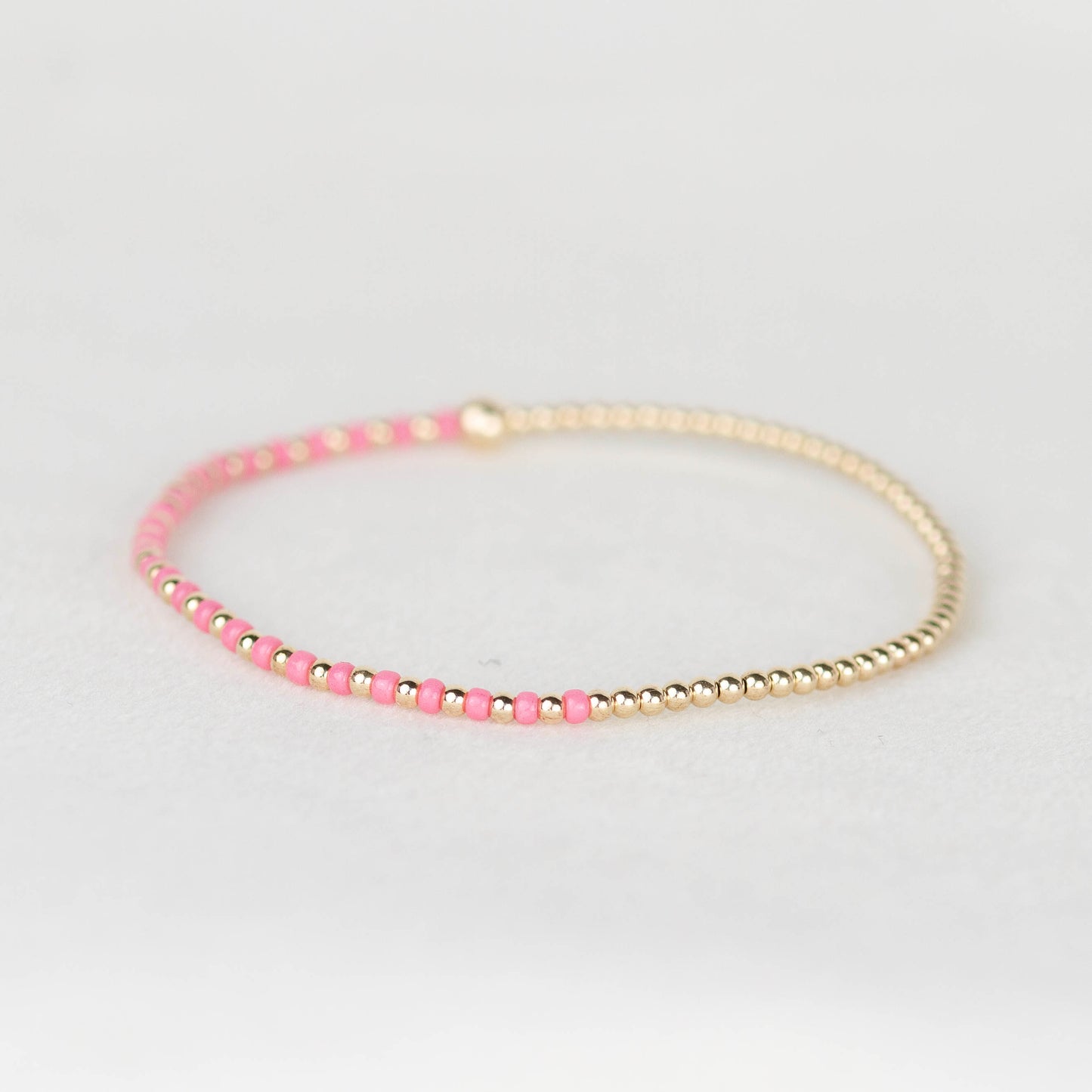 bubblegum pink Luna half seed bead half 14k gold filled or sterling silver beaded stretch bracelet 