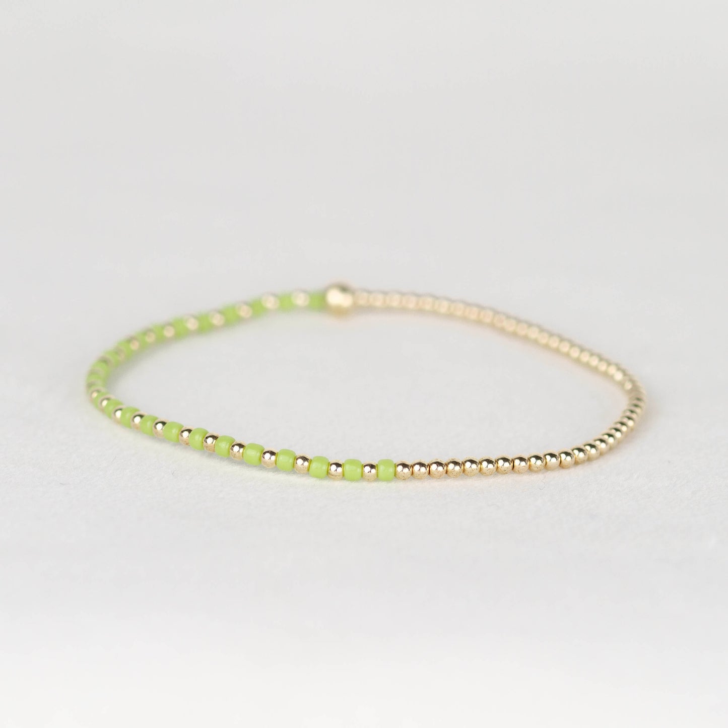 Chartreuse citron green Luna half seed bead half 14k gold filled or sterling silver beaded stretch bracelet 