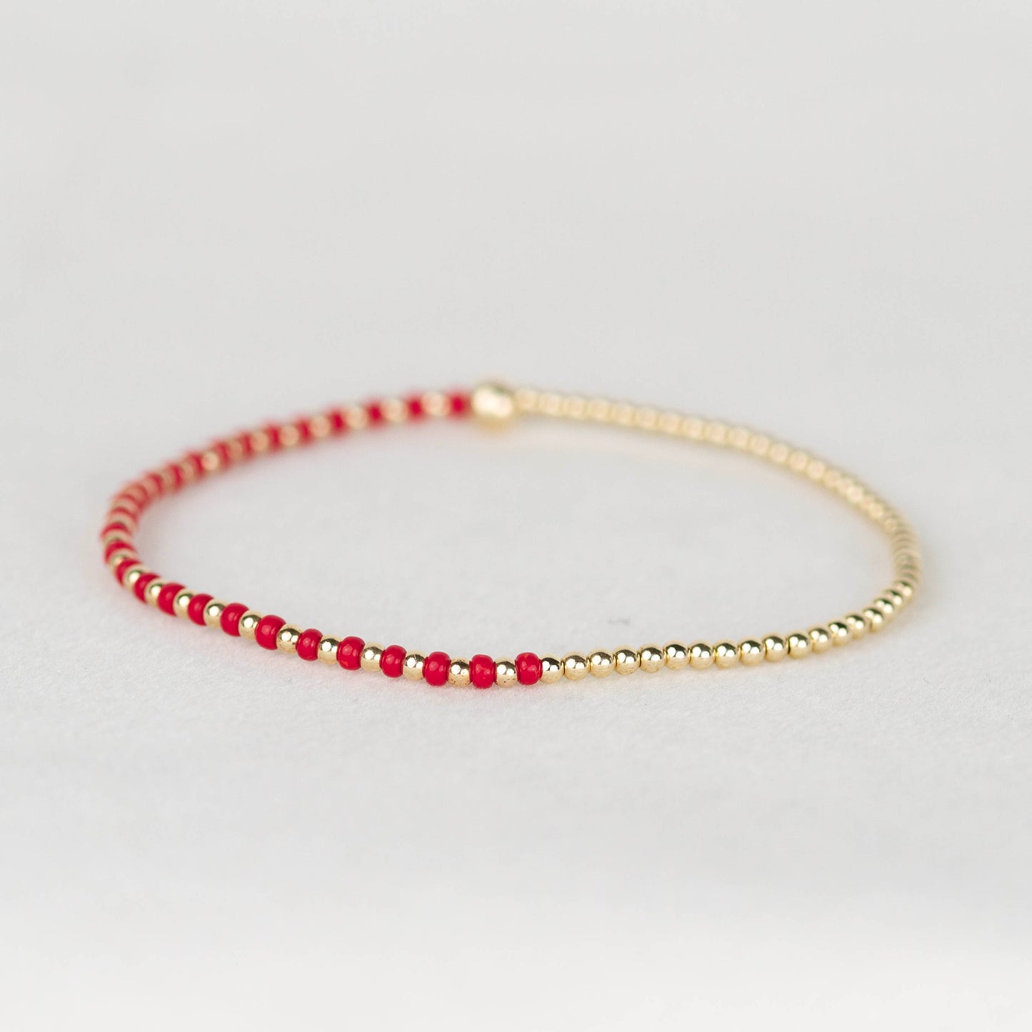 Crimson red Luna half seed bead half 14k gold filled or sterling silver beaded stretch bracelet 