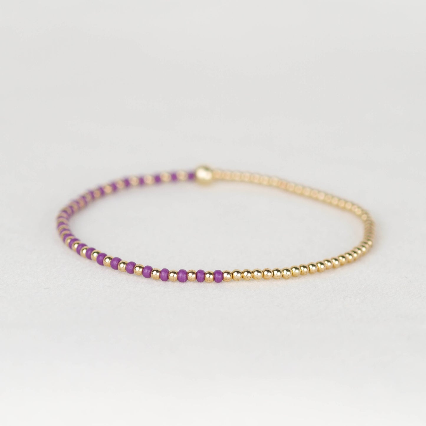 Dark violet purple Luna half seed bead half 14k gold filled or sterling silver beaded stretch bracelet 
