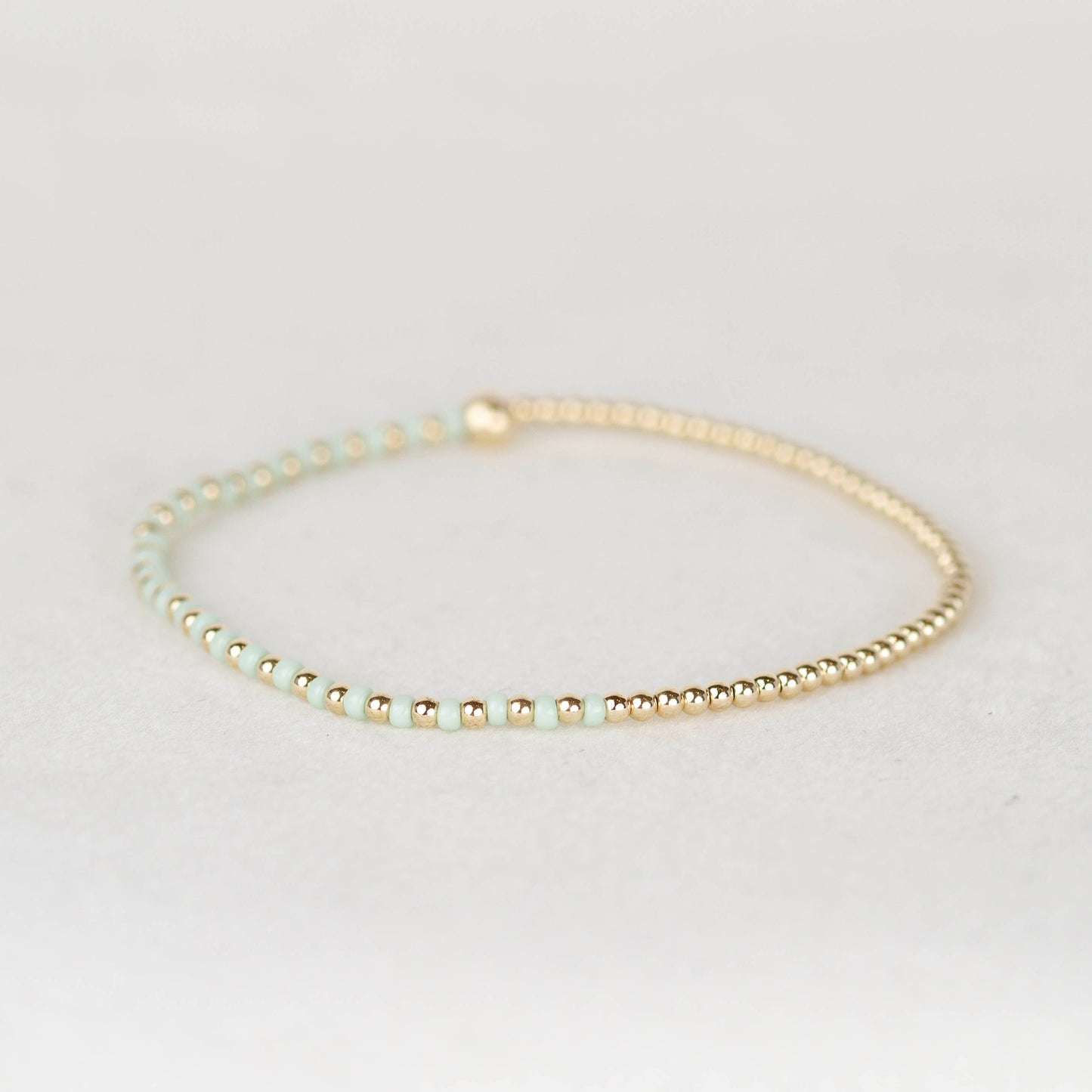 Mint light green Luna half seed bead half 14k gold filled or sterling silver beaded stretch bracelet 