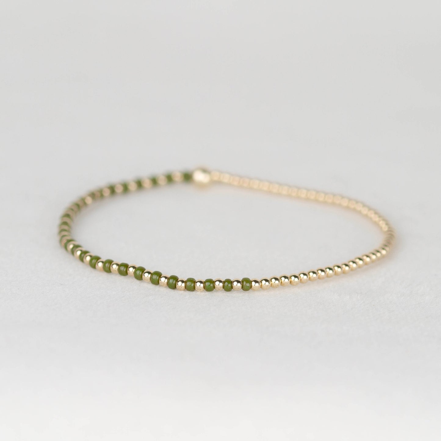 Moss army green Luna half seed bead half 14k gold filled or sterling silver beaded stretch bracelet 