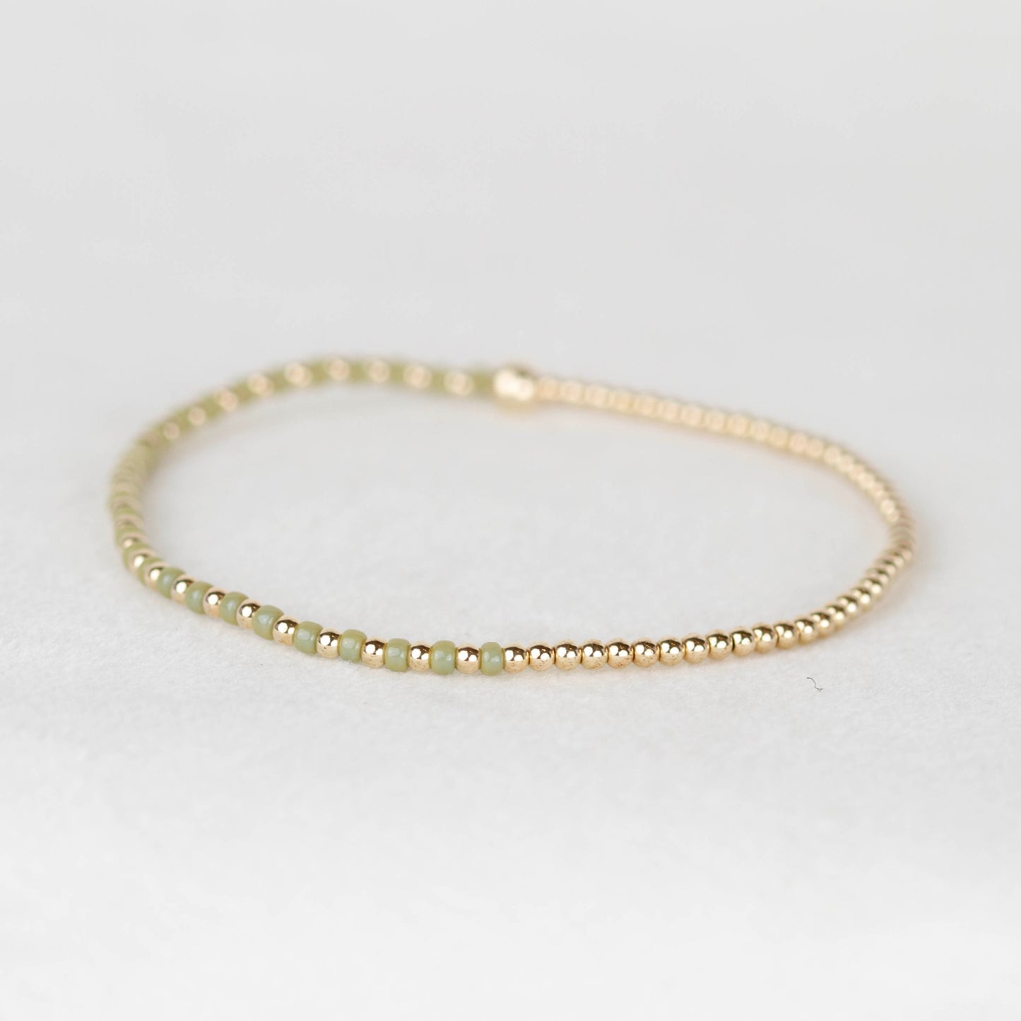 Sage green Luna half seed bead half 14k gold filled or sterling silver beaded stretch bracelet 