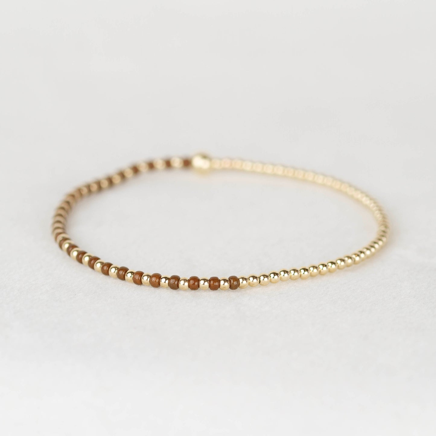 Brown Luna half seed bead half 14k gold filled or sterling silver beaded stretch bracelet 