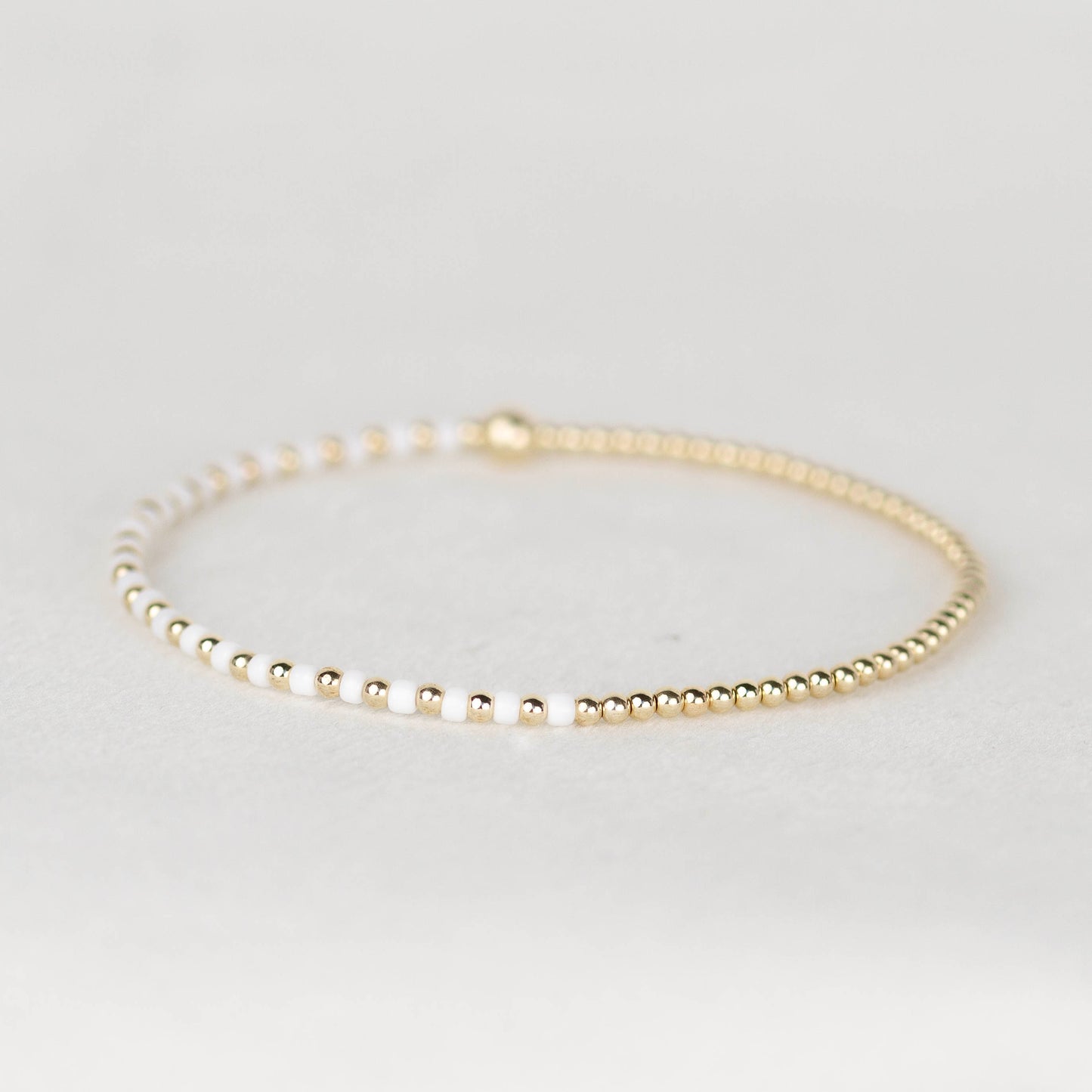 White Luna half seed bead half 14k gold filled or sterling silver beaded stretch bracelet 