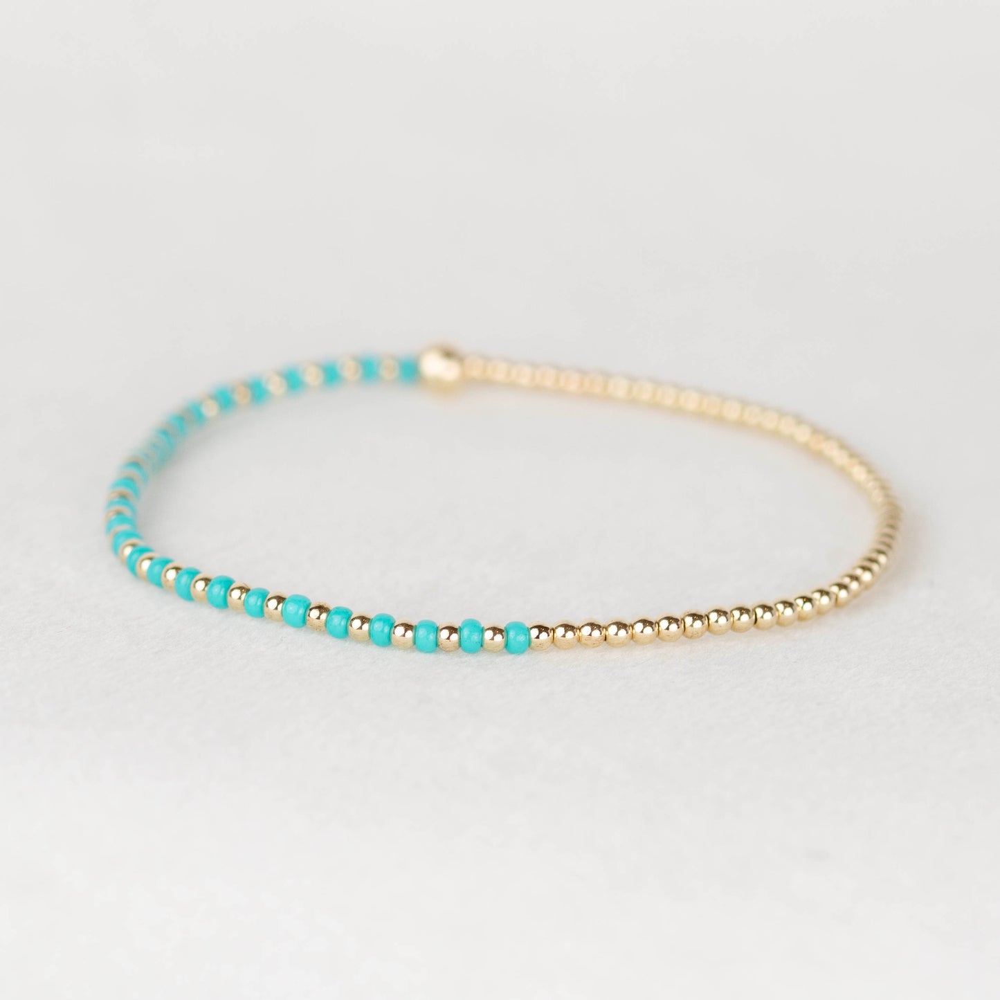 Turquoise blue green Luna half seed bead half 14k gold filled or sterling silver beaded stretch bracelet 