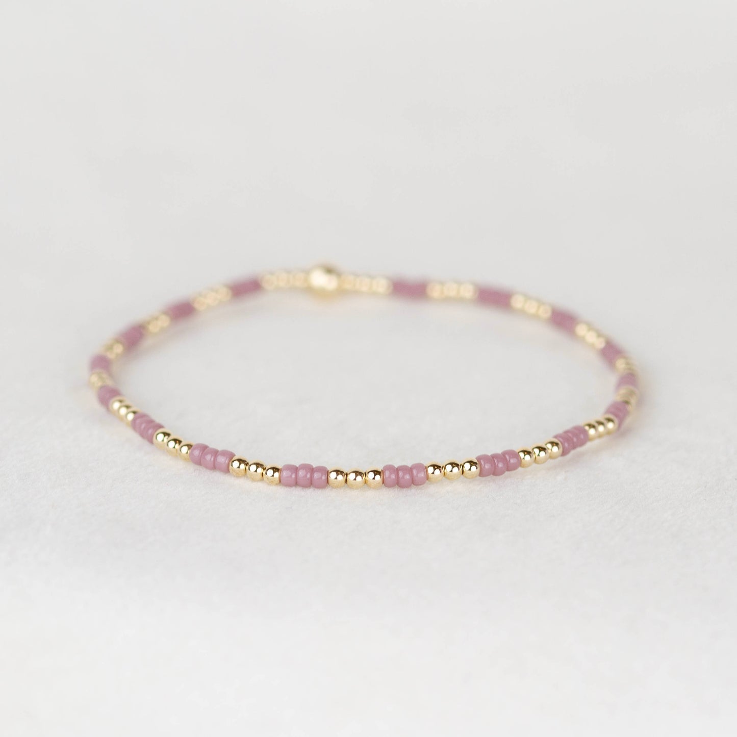 Dusty lavender Madi seed bead alternating with 14k gold filled or sterling silver beaded stretch bracelet 